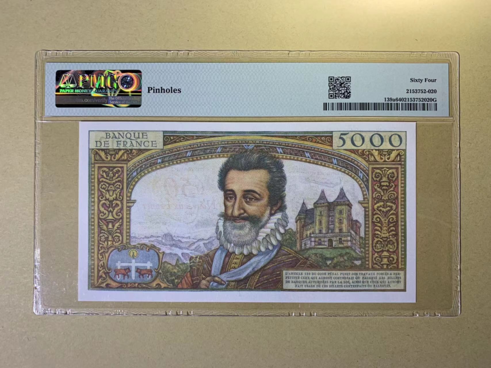 【Blue Auction】✨世界纸币精拍第300期盛典🔥🔥🔥 【红字加盖版少见 仅2张更高分】法国 1958年50新法郎 PMG64 亨利四世 设计精美 