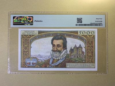 【Blue Auction】✨世界纸币精拍第300期盛典🔥🔥🔥 【红字加盖版少见 仅2张更高分】法国 1958年50新法郎 PMG64 亨利四世 设计精美 