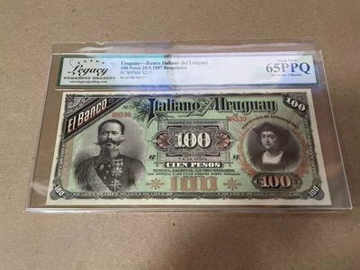 【Blue Auction】✨世界纸币精拍第300期盛典🔥🔥🔥 乌拉圭 1887年100比索 LCG65EPQ 大胡子 哥伦布 背面牛群