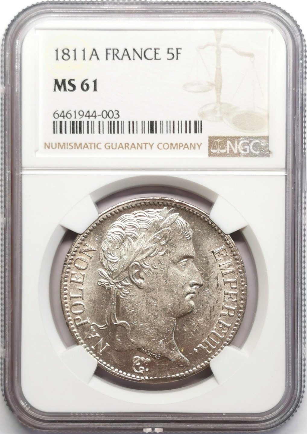 凡希社世界钱币微拍第二百三十期 1811A法国拿破仑桂冠5法郎NGC-MS61原色银光！