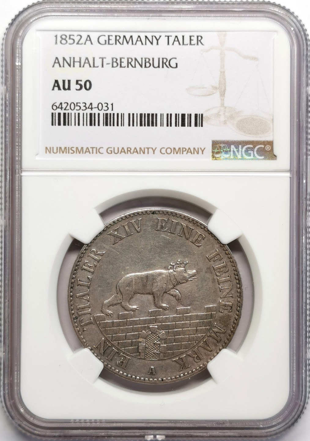 凡希社世界钱币微拍第二百三十期 1852安哈特小熊泰勒NGC-AU50