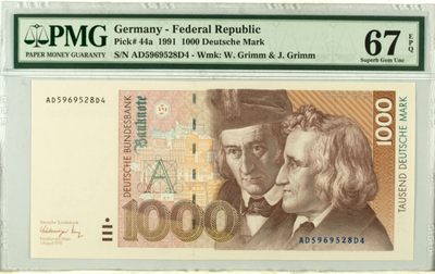 【Blue Auction】✨世界纸币精拍第300期盛典🔥🔥🔥 【初版p44a】德国 1991年1000马克  PMG67EPQ 格林兄弟 