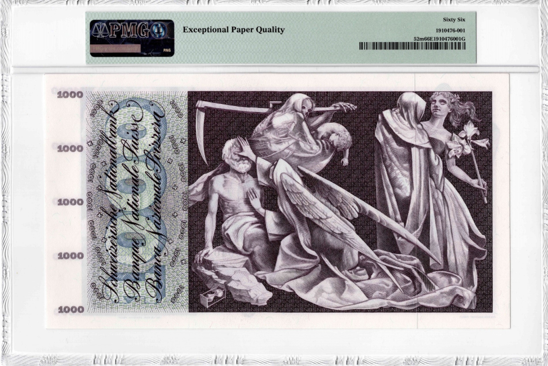 【Blue Auction】✨世界纸币精拍第300期盛典🔥🔥🔥 瑞士 1974年1000法郎 死神之舞 PMG66EPQ 超大票幅 雕刻精美 