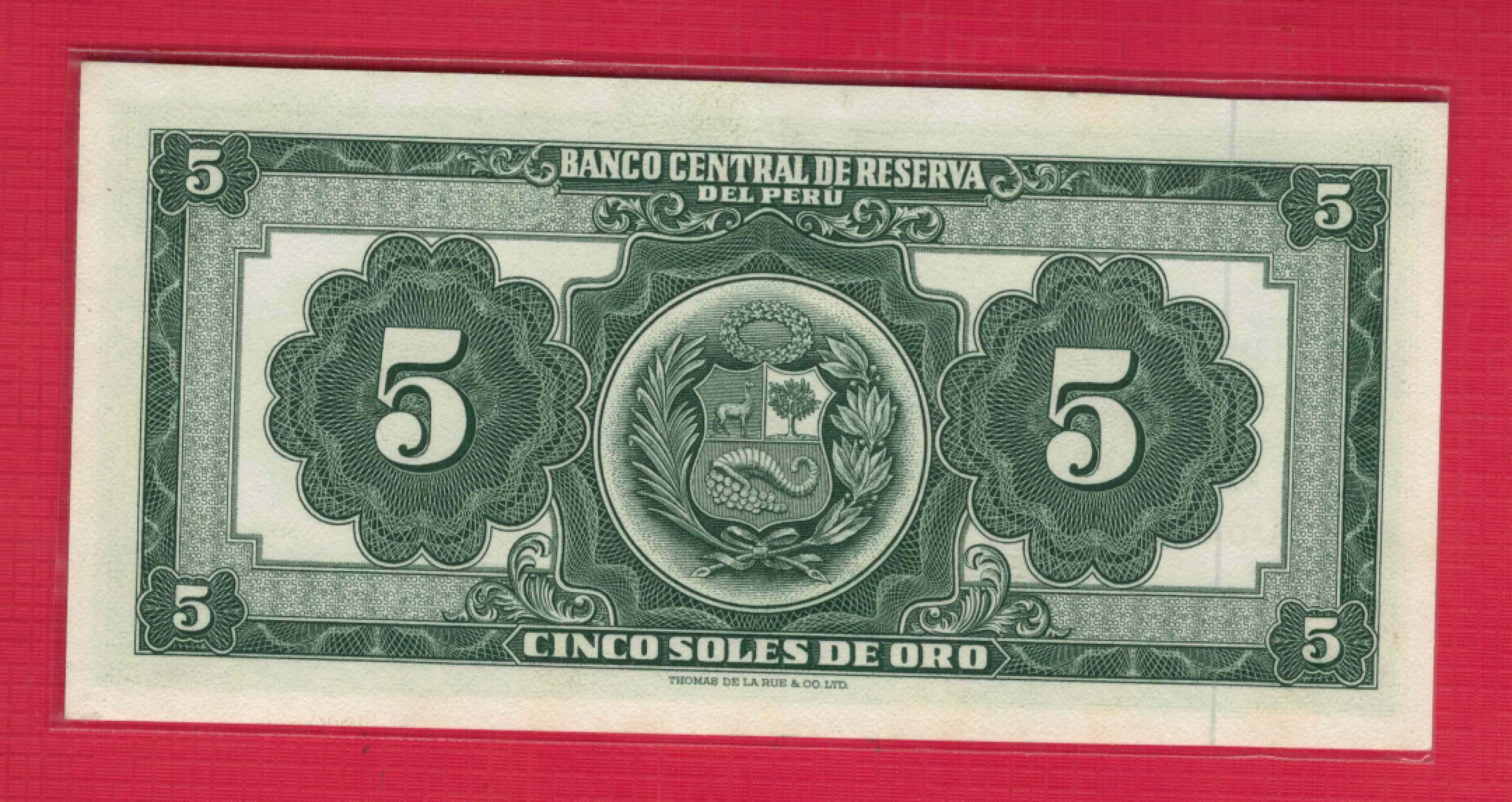 秘鲁5沙奥 1968年 P-83 J131序列 美洲纸币 实物图 UNC