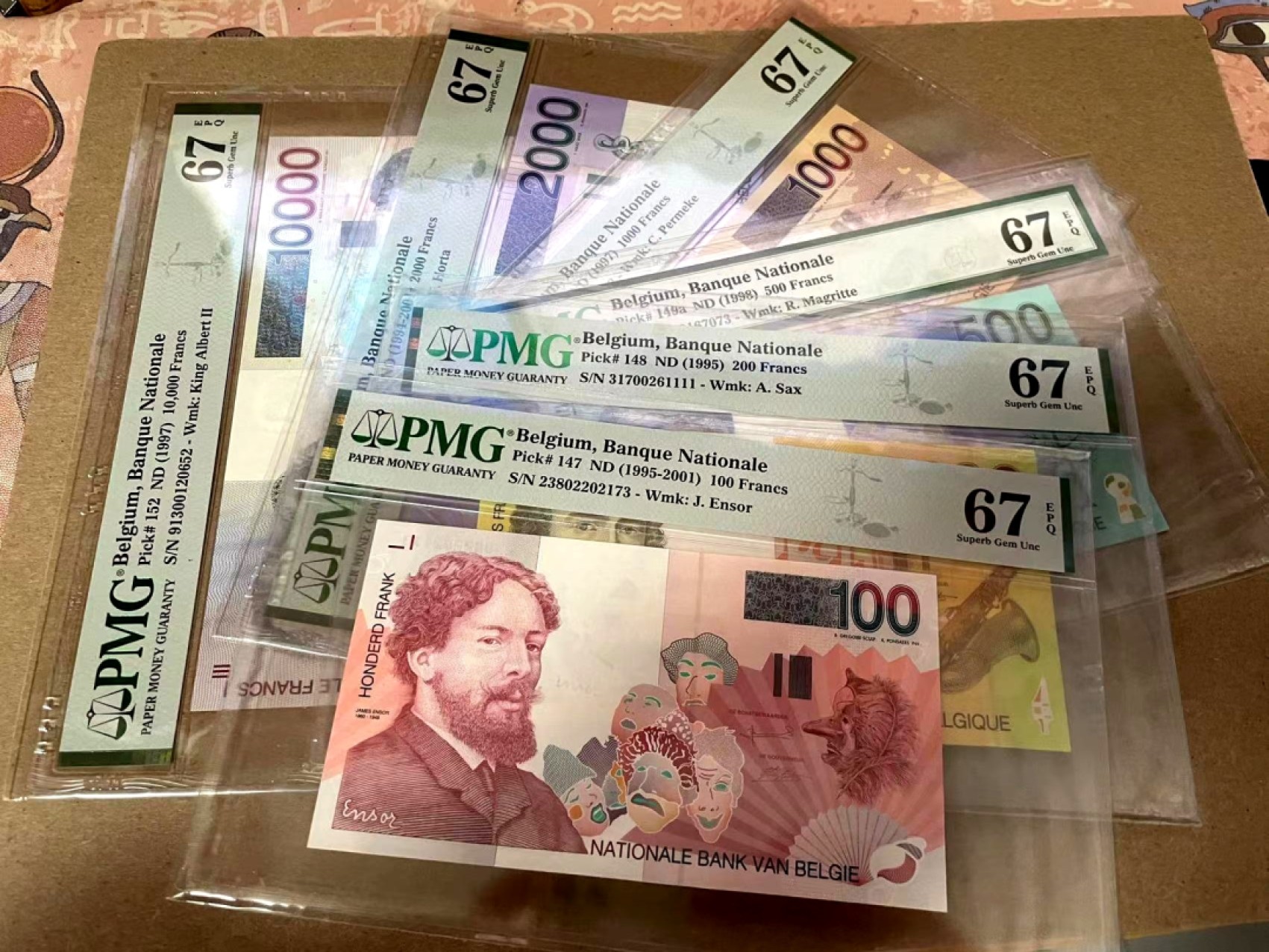 【Blue Auction】✨世界纸币精拍第300期盛典🔥🔥🔥 【一组6张全套 含1111狮子号】比利时 末版 1995-2001年100-1000法郎 PMG67EPQ 同分高分 一步到位