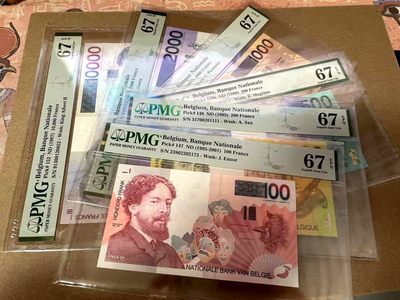 【Blue Auction】✨世界纸币精拍第300期盛典🔥🔥🔥 【一组6张全套 含1111狮子号】比利时 末版 1995-2001年100-1000法郎 PMG67EPQ 同分高分 一步到位