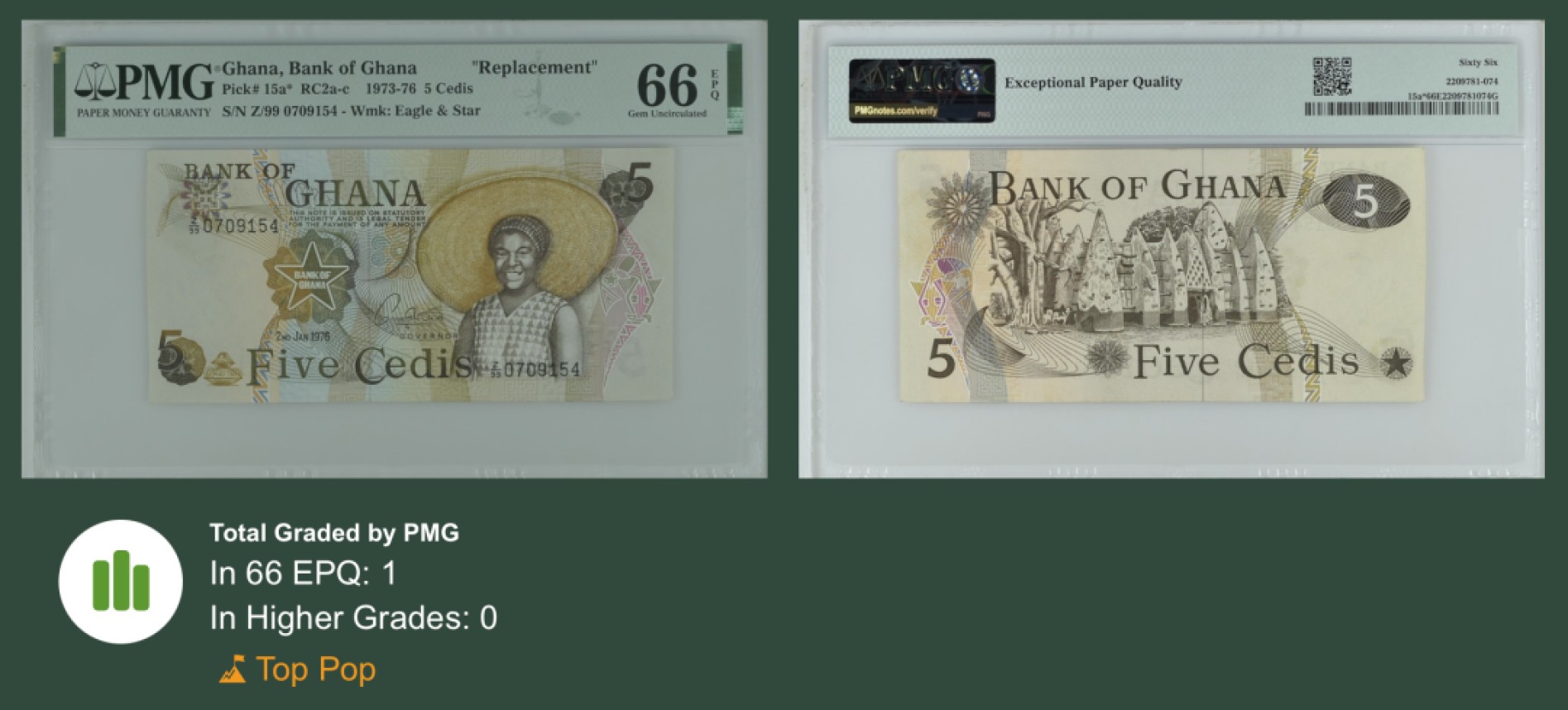 收藏联盟Quantum Auction 第238期拍卖 加纳1973-76年5塞地 PMG66 稀少补号唯一冠军分 黄金海岸