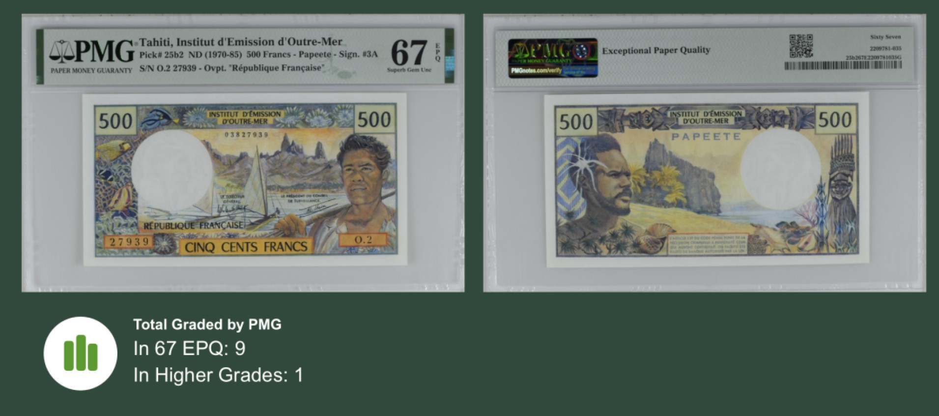 收藏联盟Quantum Auction 第238期拍卖 大溪地1970-85年500法郎 PMG67 少见高分 双面雕刻