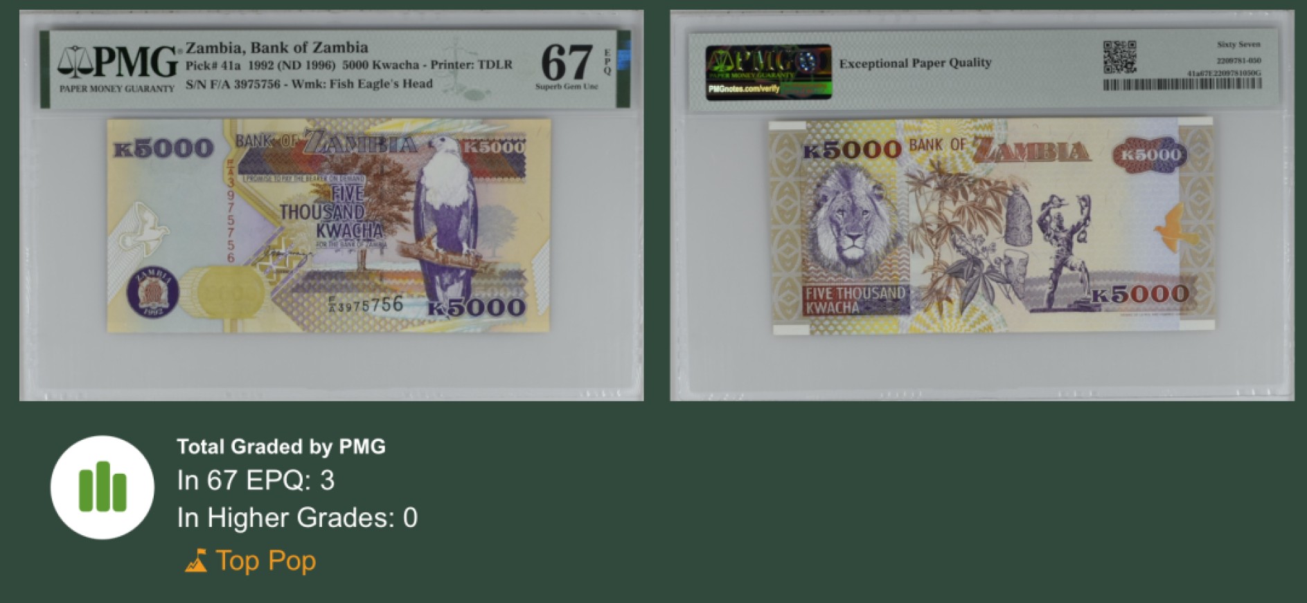 收藏联盟Quantum Auction 第238期拍卖 赞比亚1996年5000克瓦查 PMG67 冠军分