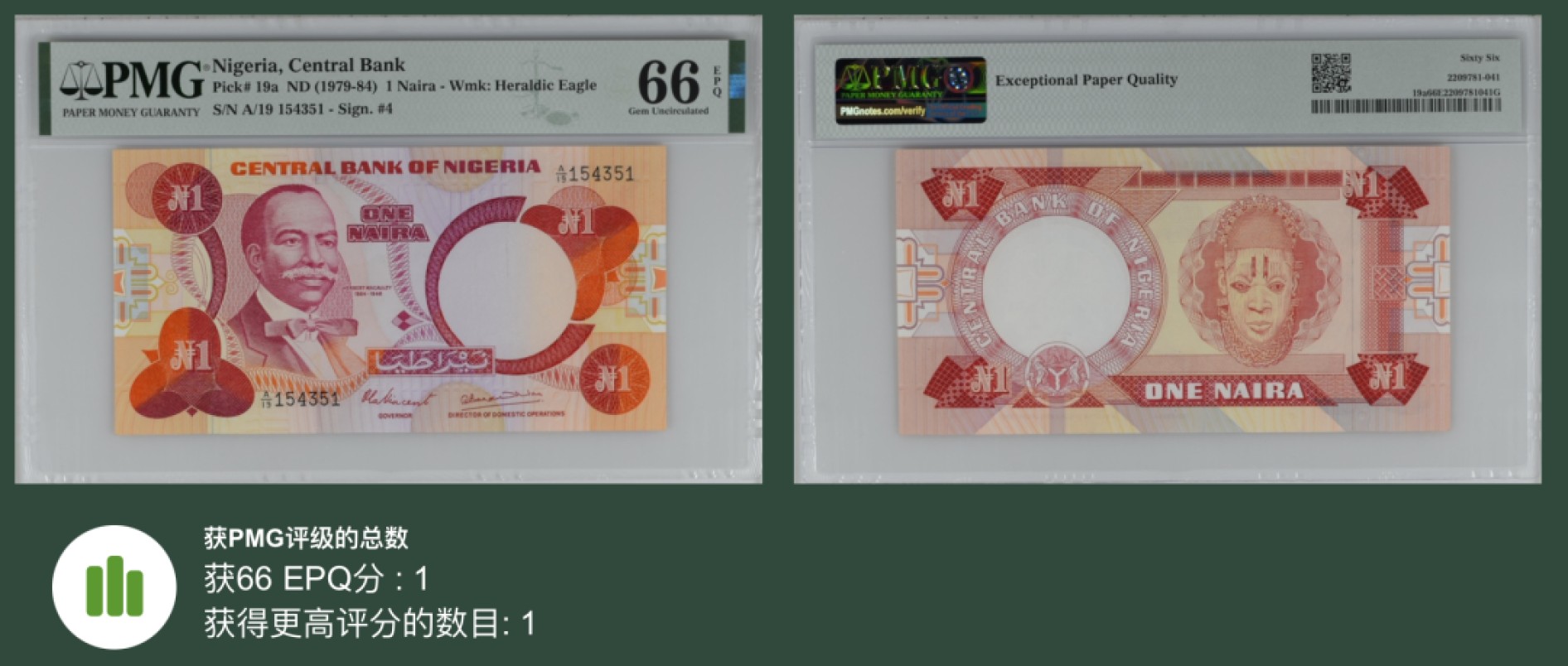 收藏联盟Quantum Auction 第238期拍卖 尼日利亚1979-84年1奈纳 PMG66 高分稀少