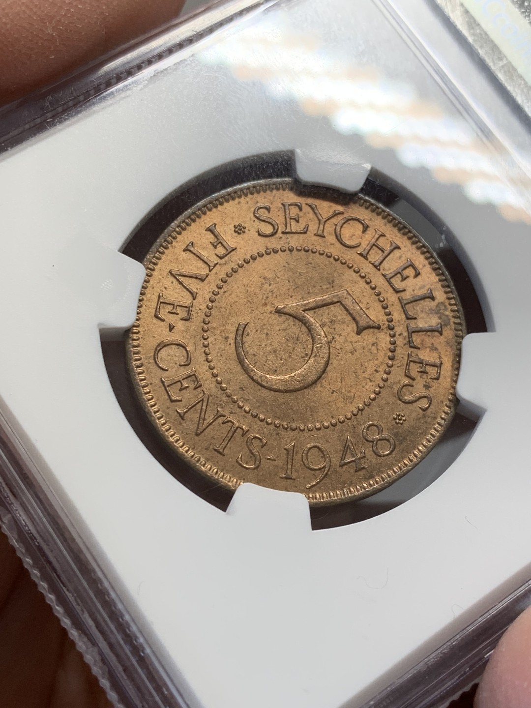 《竞宝斋》第141场-周日，周一 2场 (全场包邮) NGC MS64RB 塞舌尔1948年乔治六世5分铜币