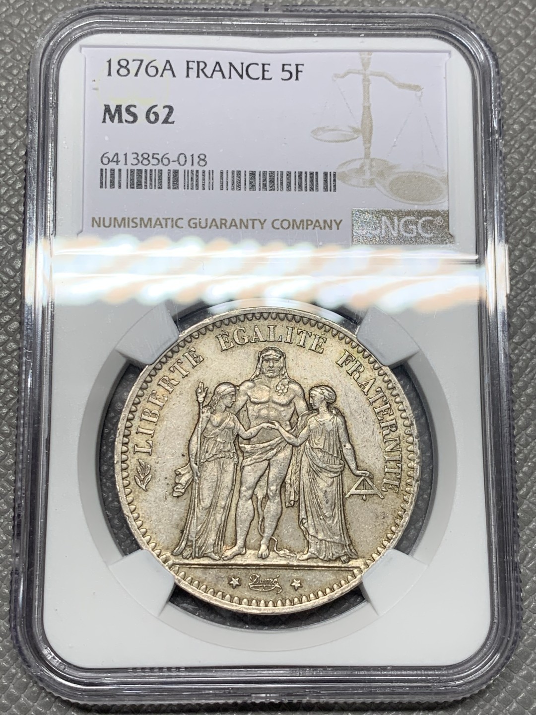 《竞宝斋》第141场-周日，周一 2场 (全场包邮) NGC-MS62 法国1876年 大力神 5法郎大银币 原味好品