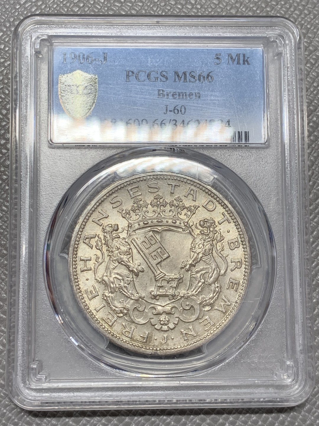 《竞宝斋》第141场-周日，周一 2场 (全场包邮) PCGS-MS66，德国1906年不莱梅5马克银币，图徽饱满，细节绝佳，收藏佳品 顶配分数