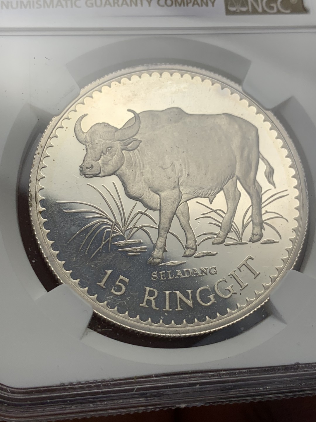 《竞宝斋》第141场-周日，周一 2场 (全场包邮) NGC-PF66 马来西亚 1976年 保护自然系列 水牛 15R 精制大银币