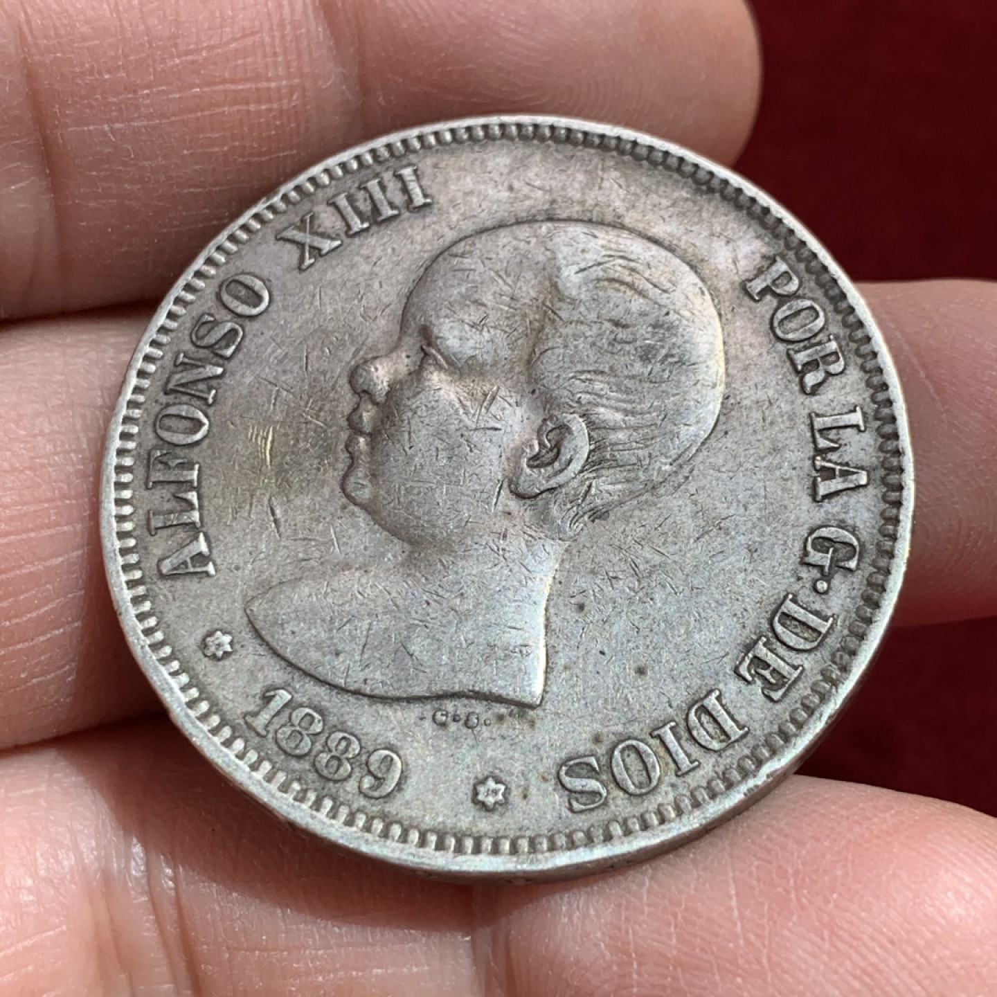 《竞宝斋》第141场-周日，周一 2场 (全场包邮) 西班牙 1889年 阿方索十三世小光头 5比塞塔银币