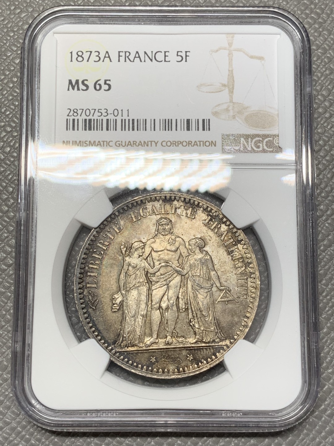 《竞宝斋》第141场-周日，周一 2场 (全场包邮) NGC-MS65 法国 1873A 大力神 5法郎 银币 深彩包浆 状态出色  已经可以媲美 20世纪大力神的状态了