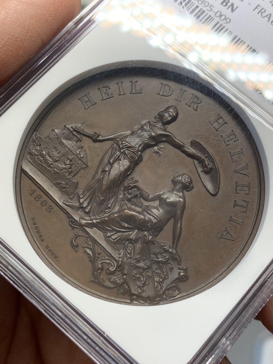 《竞宝斋》第141场-周日，周一 2场 (全场包邮) NGC MS64 1890年瑞士弗劳恩菲尔德射击节铜章 美女与野兽 双面超高浮雕 顶级品相状态