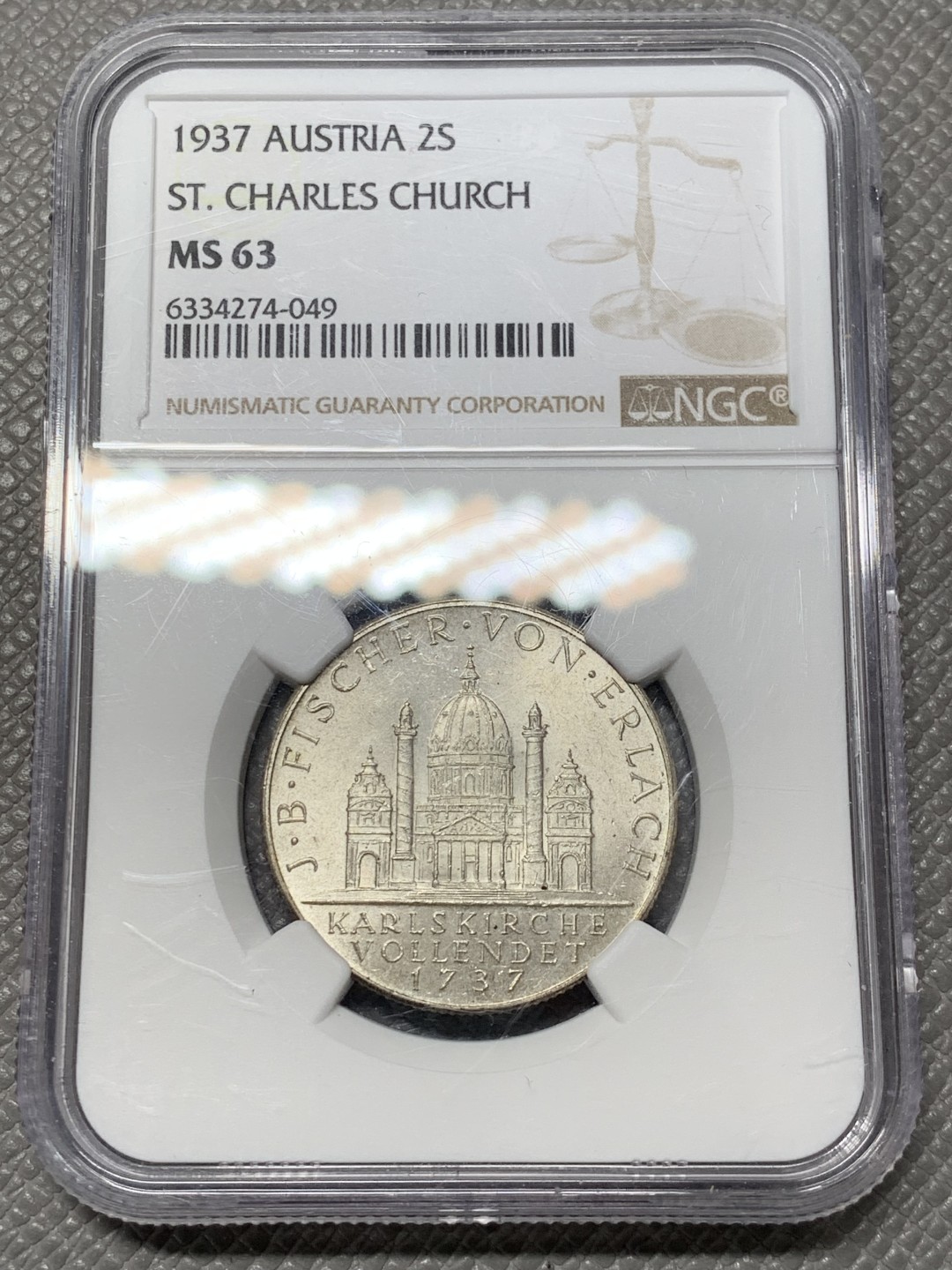 《竞宝斋》第141场-周日，周一 2场 (全场包邮) NGC-MS63 奥地利 1937年 2先令 圣查尔斯教堂 银币 原光 难得高分
