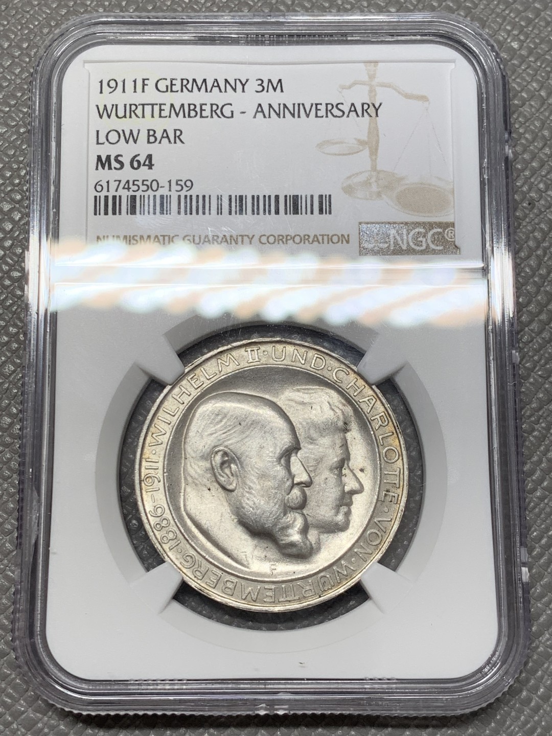 《竞宝斋》第141场-周日，周一 2场 (全场包邮) NGC-MS64 德国 1911年 3马克 银币 符腾堡 金婚纪念银币 光泽迷人 高分难得 底板细节都完美无瑕