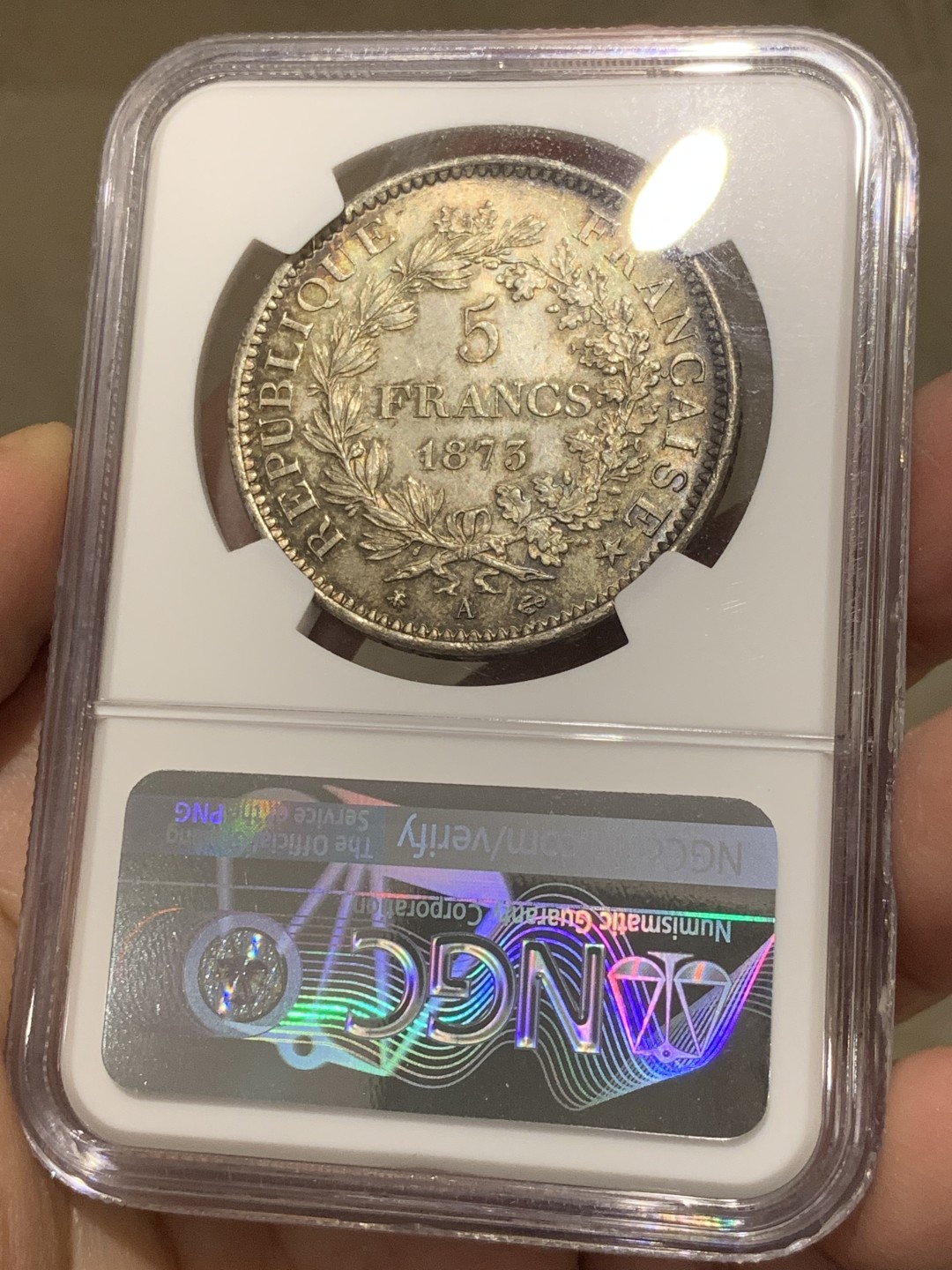 《竞宝斋》第141场-周日，周一 2场 (全场包邮) NGC-MS65 法国 1873A 大力神 5法郎 银币 深彩包浆 状态出色  已经可以媲美 20世纪大力神的状态了