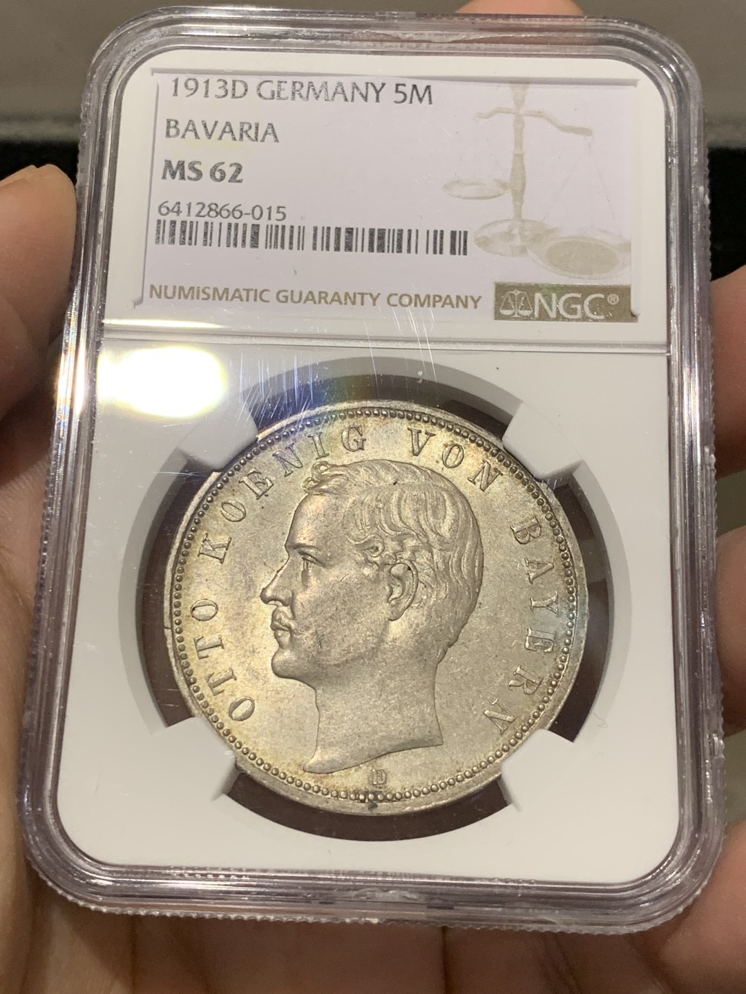 《竞宝斋》第141场-周日，周一 2场 (全场包邮) NGC MS-62 德国巴伐利亚 1913年 奥托流通版5马克 少见好品 严评