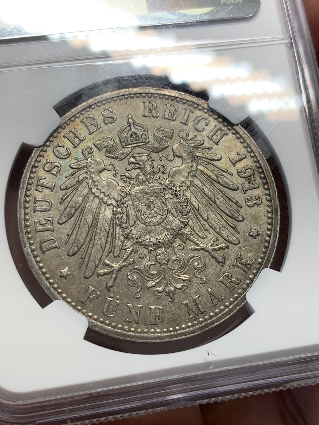 《竞宝斋》第141场-周日，周一 2场 (全场包邮) NGC-AU58 德国汉堡 1908年 双狮盾牌5马克大银币 细节一流 个人看就是低评了