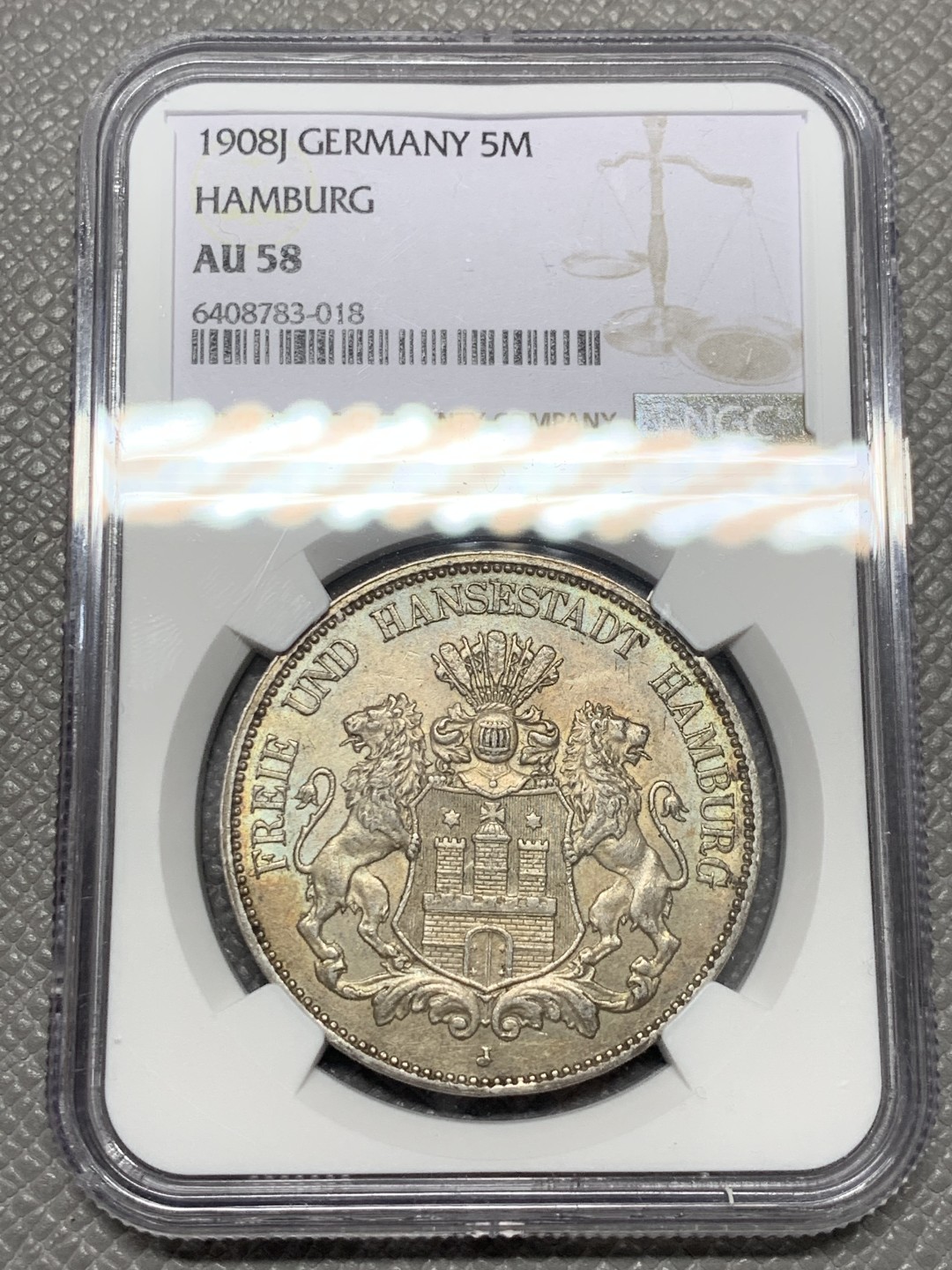 《竞宝斋》第141场-周日，周一 2场 (全场包邮) NGC-AU58 德国汉堡 1908年 双狮盾牌5马克大银币 细节一流 个人看就是低评了