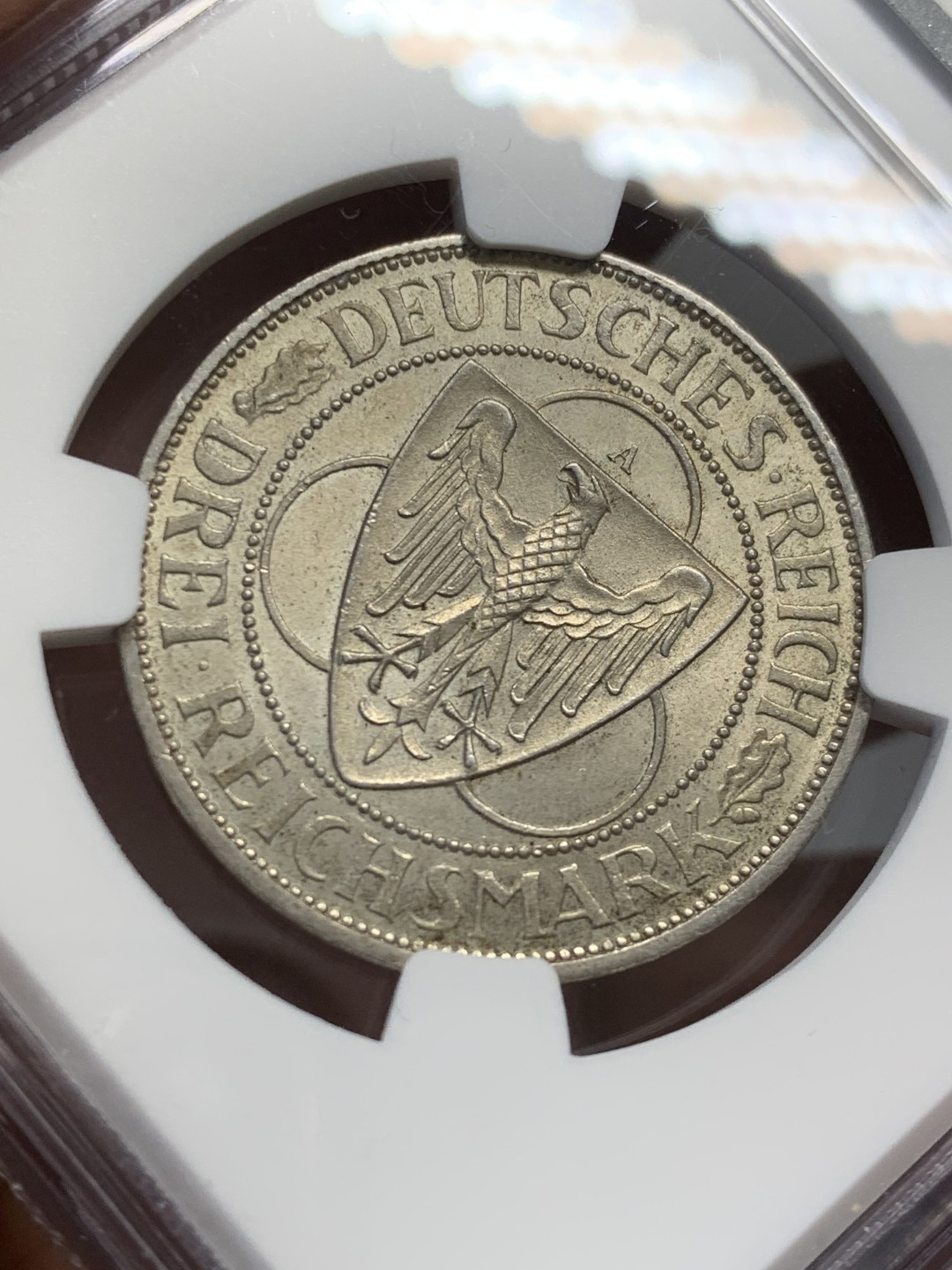 《竞宝斋》第141场-周日，周一 2场 (全场包邮) NGC-MS62 魏玛德国1930年莱茵解放 鹰桥3马克纪念银币