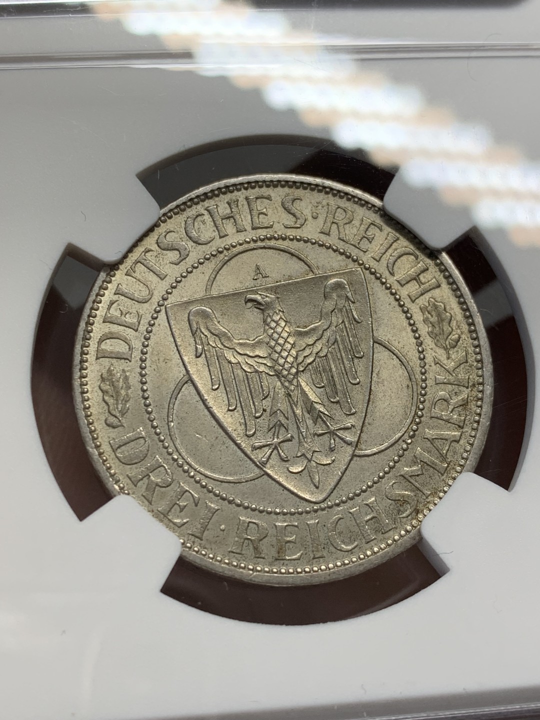 《竞宝斋》第141场-周日，周一 2场 (全场包邮) NGC-MS62 魏玛德国1930年莱茵解放 鹰桥3马克纪念银币