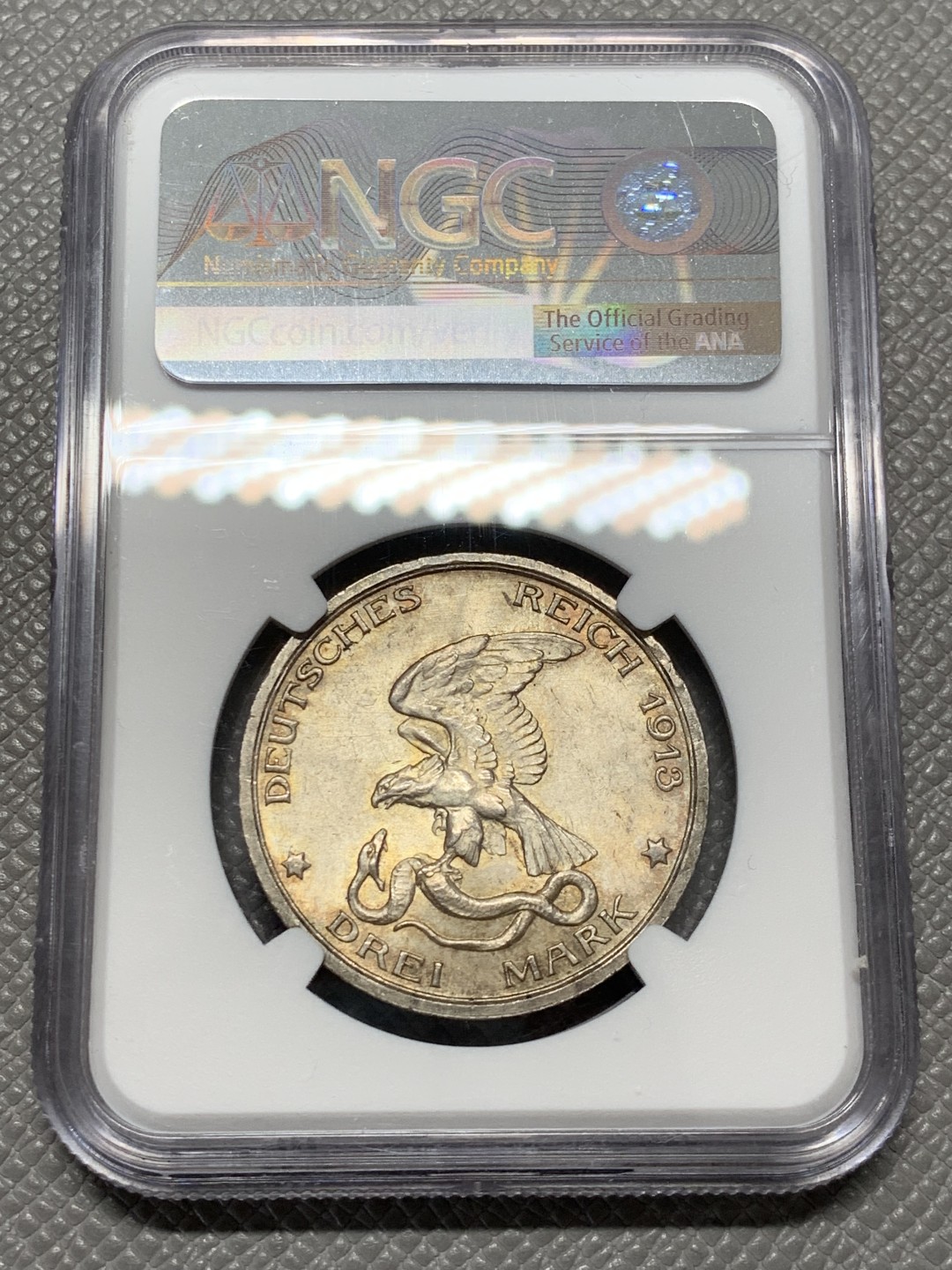 《竞宝斋》第141场-周日，周一 2场 (全场包邮) NGC-MS63 德国普鲁士1913年击败拿破仑纪念3马克银币