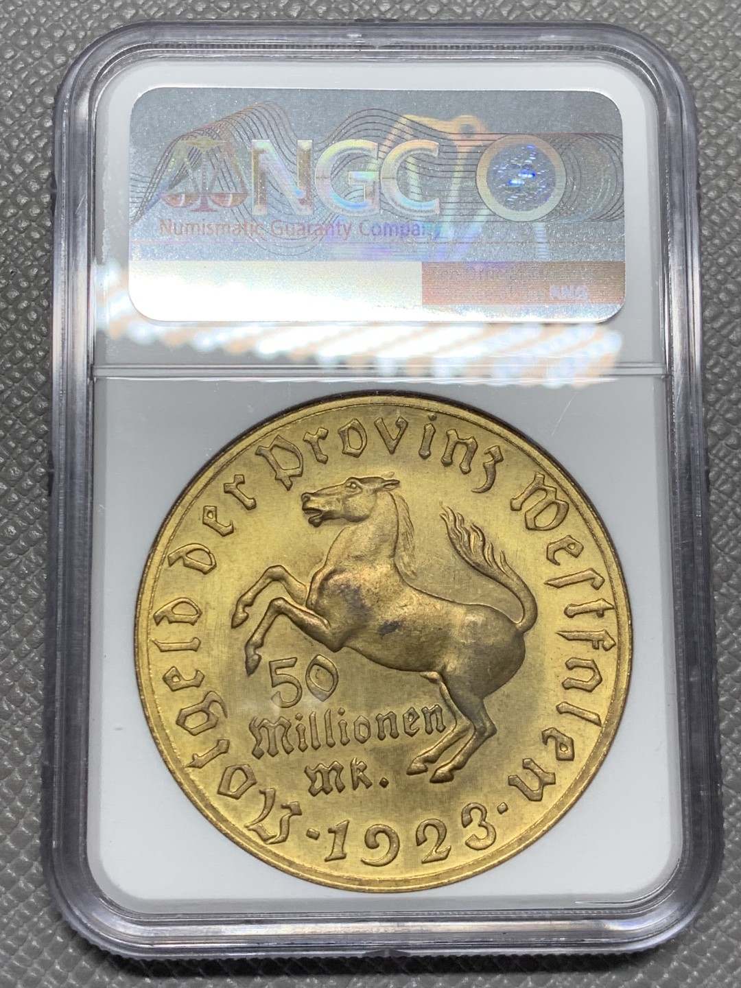 《竞宝斋》第141场-周日，周一 2场 (全场包邮) NGC-MS64 5000万马克！德国威斯特伐利亚1923年5000万马克马币镀金币 厚重压手 金光闪闪