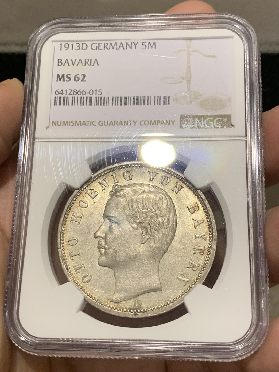 《竞宝斋》第141场-周日，周一 2场 (全场包邮) NGC MS-62 德国巴伐利亚 1913年 奥托流通版5马克 少见好品 严评