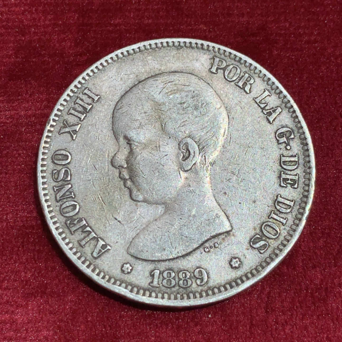 《竞宝斋》第141场-周日，周一 2场 (全场包邮) 西班牙 1889年 阿方索十三世小光头 5比塞塔银币