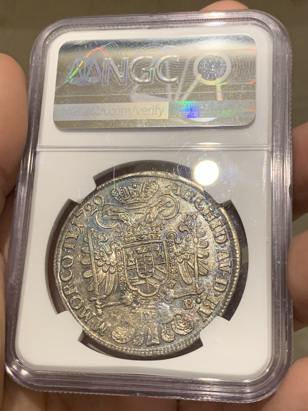 《竞宝斋》第141场-周日，周一 2场 (全场包邮) 冠军分 NGC-MS61 匈牙利 1729年 1泰勒银币 蓝彩包浆