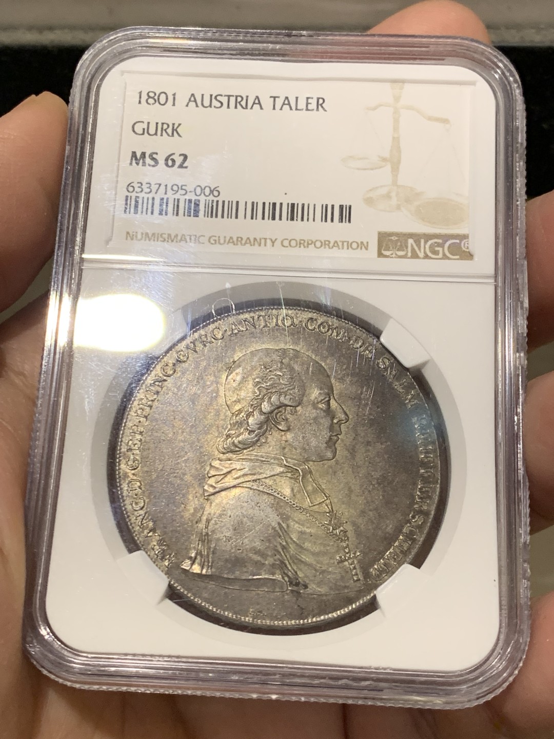 《竞宝斋》第141场-周日，周一 2场 (全场包邮) NGC-MS62 奥地利GURK 1801年 1泰勒银币 较少见单年品种 老包浆均匀