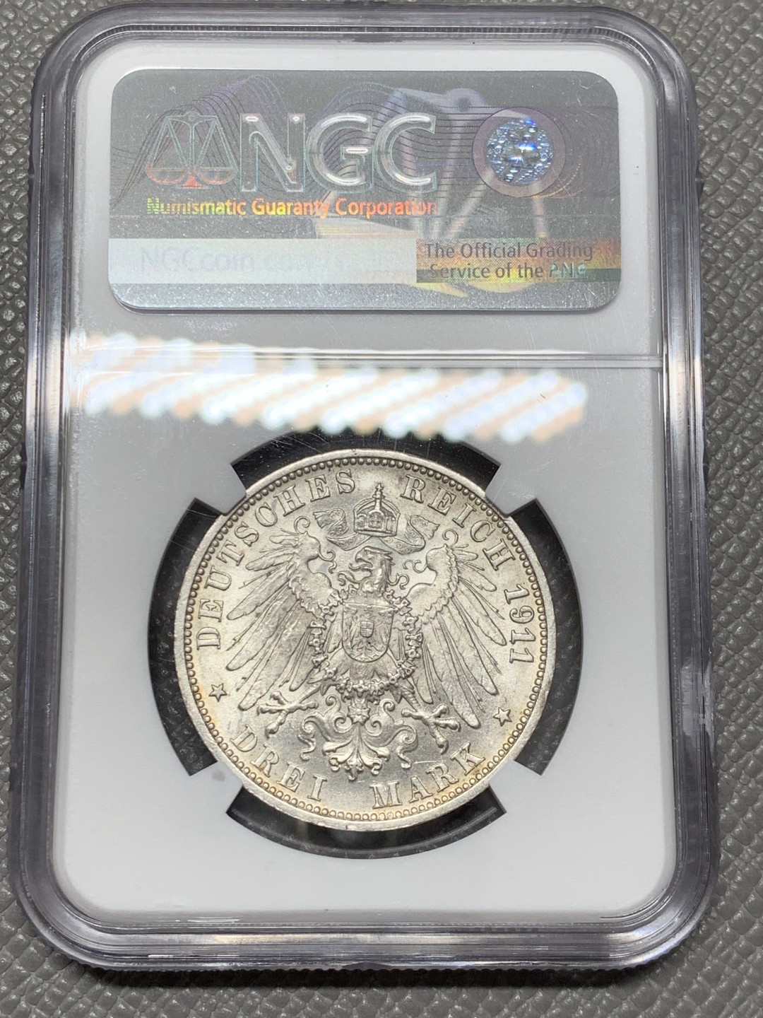 《竞宝斋》第141场-周日，周一 2场 (全场包邮) NGC-MS64 德国 1911年 3马克 银币 符腾堡 金婚纪念银币 光泽迷人 高分难得 底板细节都完美无瑕