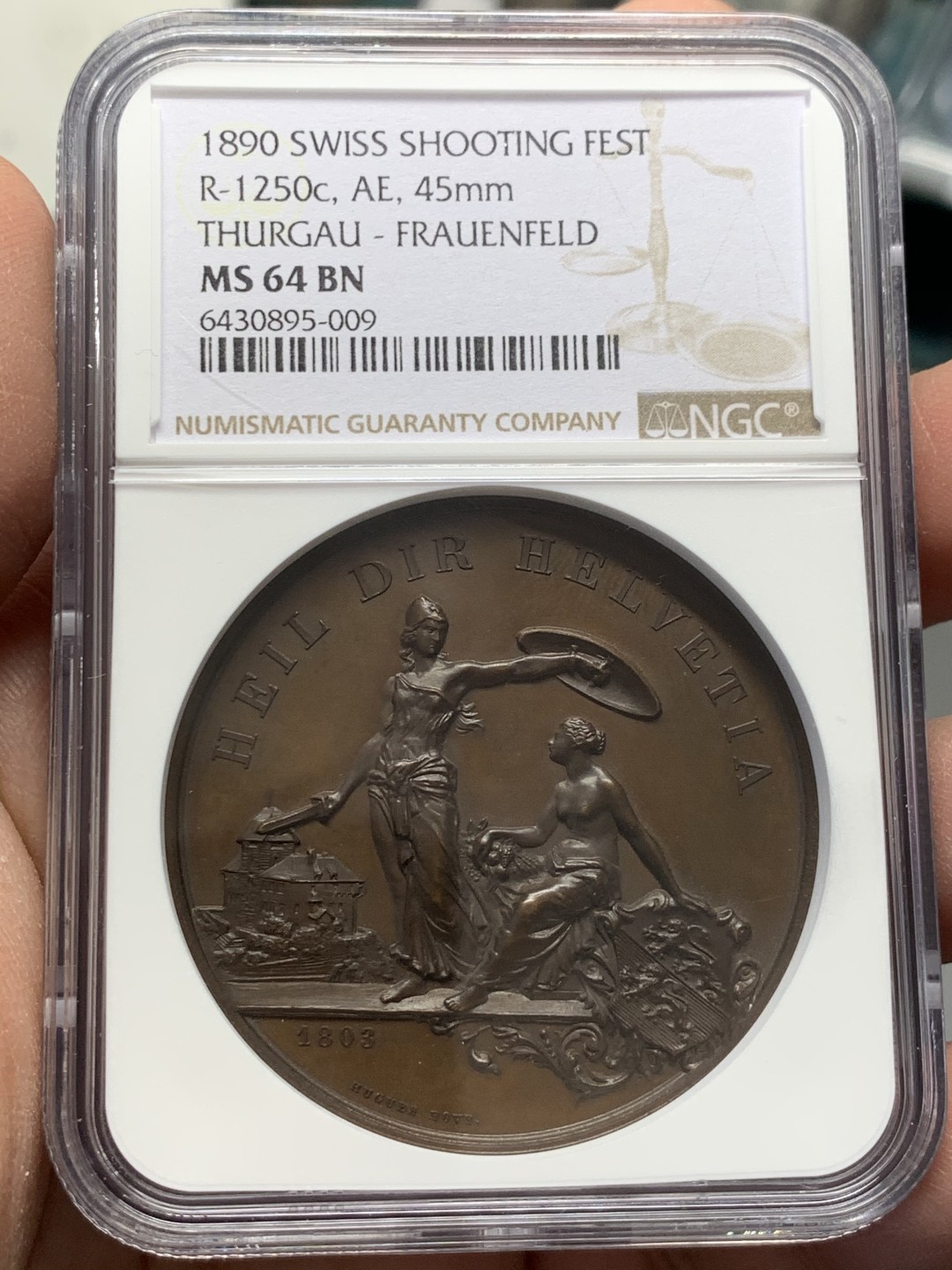 《竞宝斋》第141场-周日，周一 2场 (全场包邮) NGC MS64 1890年瑞士弗劳恩菲尔德射击节铜章 美女与野兽 双面超高浮雕 顶级品相状态