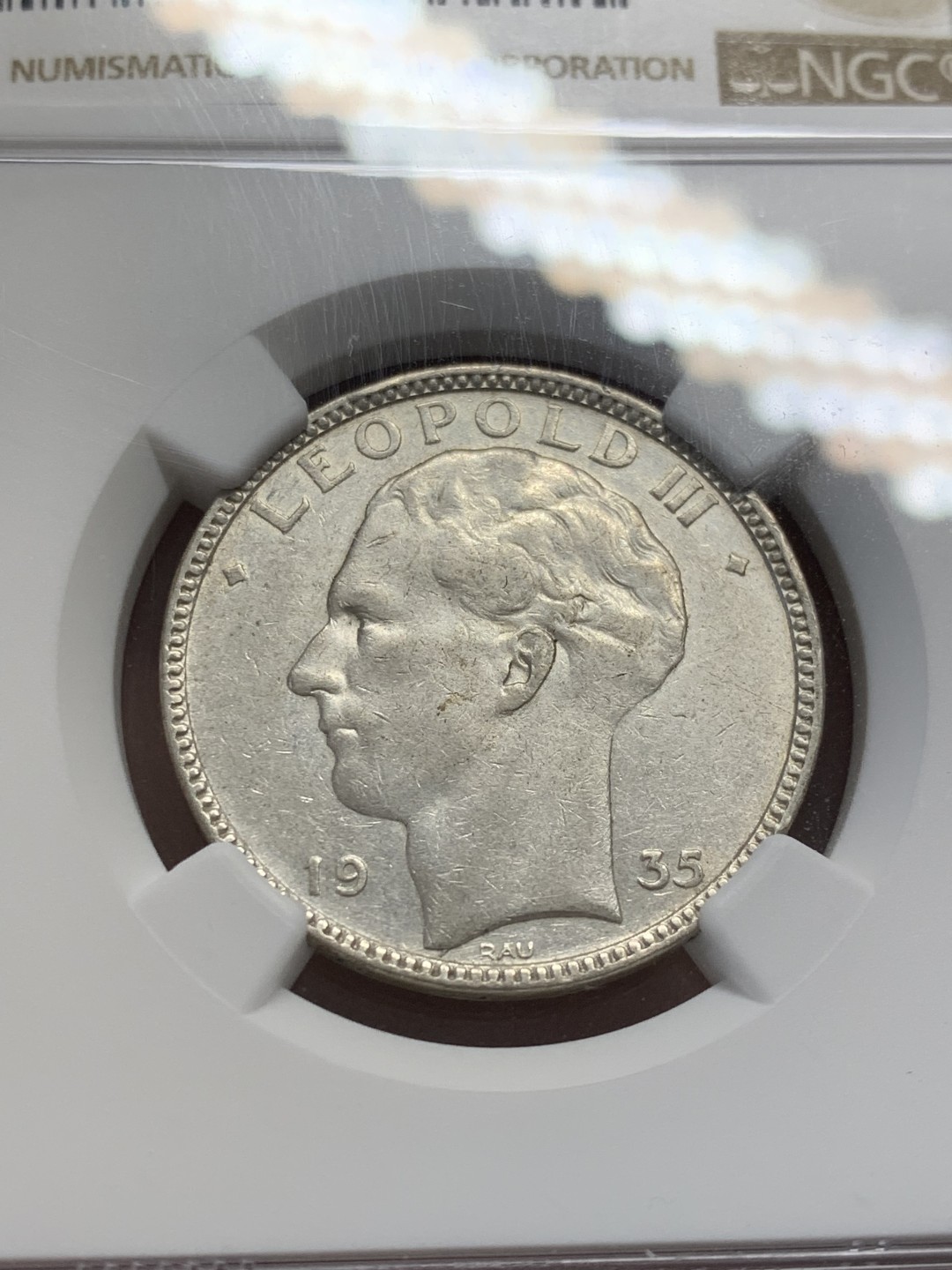 《竞宝斋》第141场-周日，周一 2场 (全场包邮) NGC AU50 1935比利时20法郎 银币 少见品种