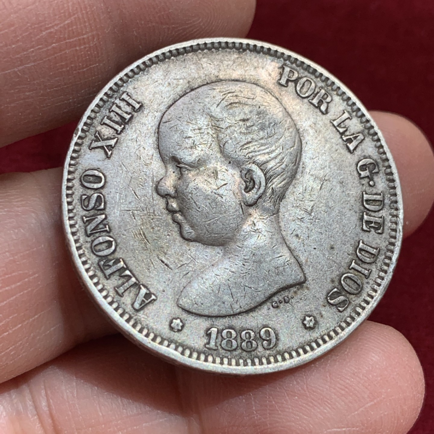 《竞宝斋》第141场-周日，周一 2场 (全场包邮) 西班牙 1889年 阿方索十三世小光头 5比塞塔银币