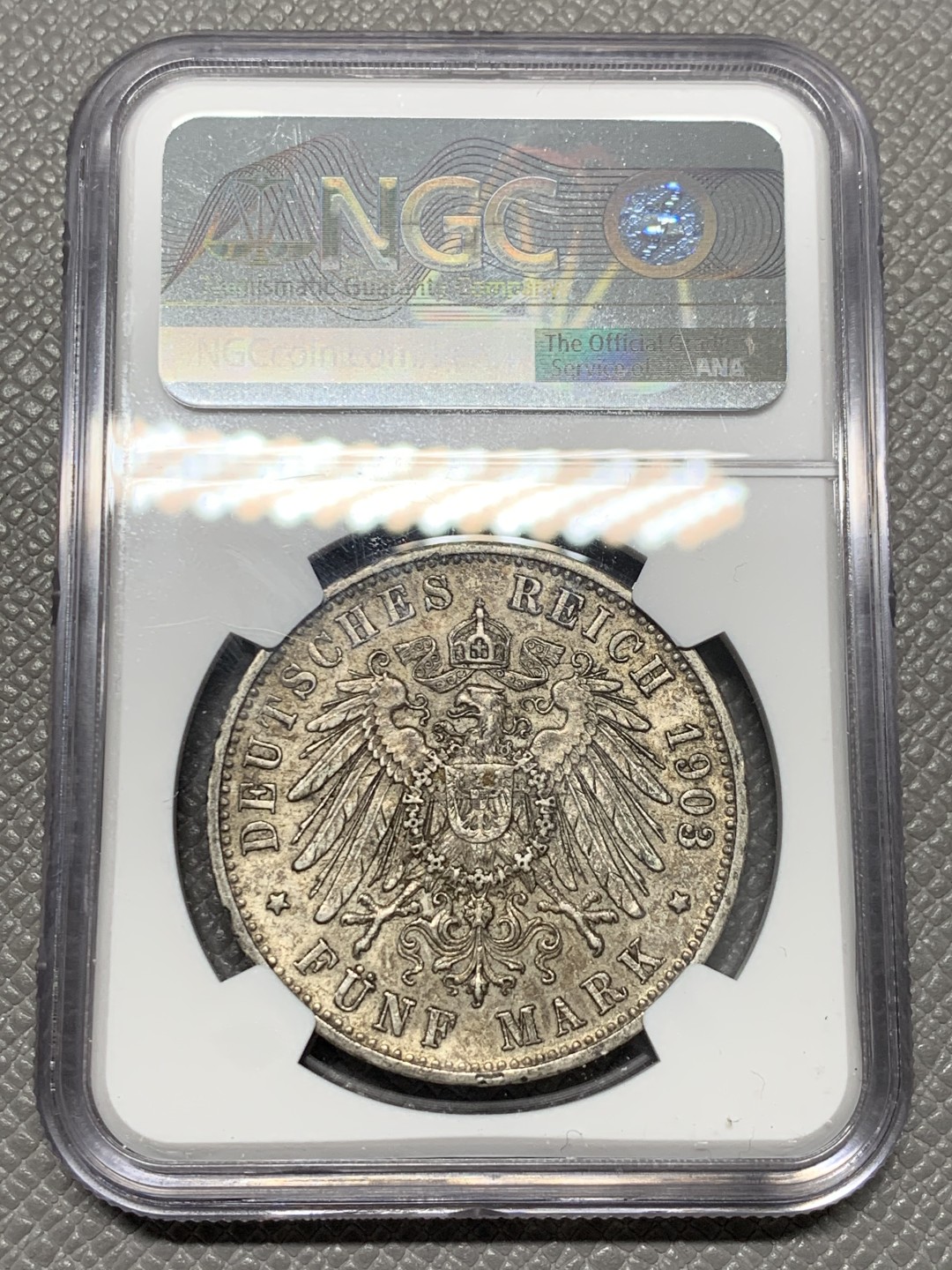 《竞宝斋》第141场-周日，周一 2场 (全场包邮) NGC-AU53 德国符腾堡 1903年 威廉二世大胡子 5马克银币 出分难的品种 这样的分也是排进前十的