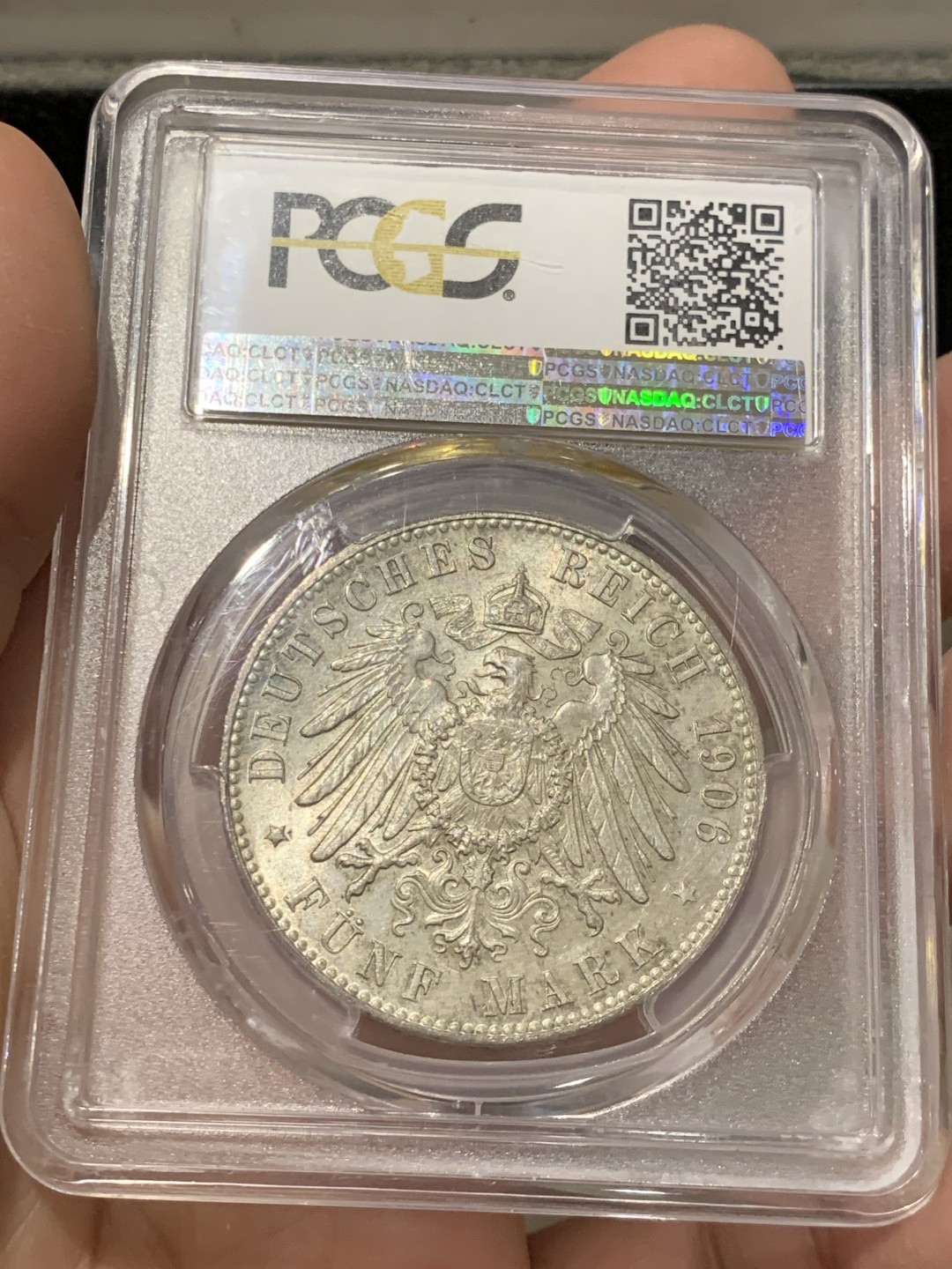 《竞宝斋》第141场-周日，周一 2场 (全场包邮) PCGS-MS66，德国1906年不莱梅5马克银币，图徽饱满，细节绝佳，收藏佳品 顶配分数