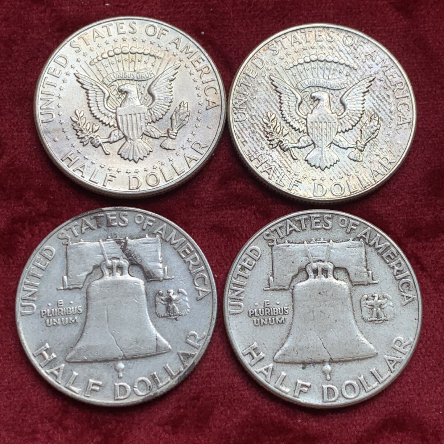 《竞宝斋》第141场-周日，周一 2场 (全场包邮) 美国900银 银币4枚 2枚富兰克林半美元，2枚肯尼迪半美元 单枚12.5克 都是高银版 合计50克900银