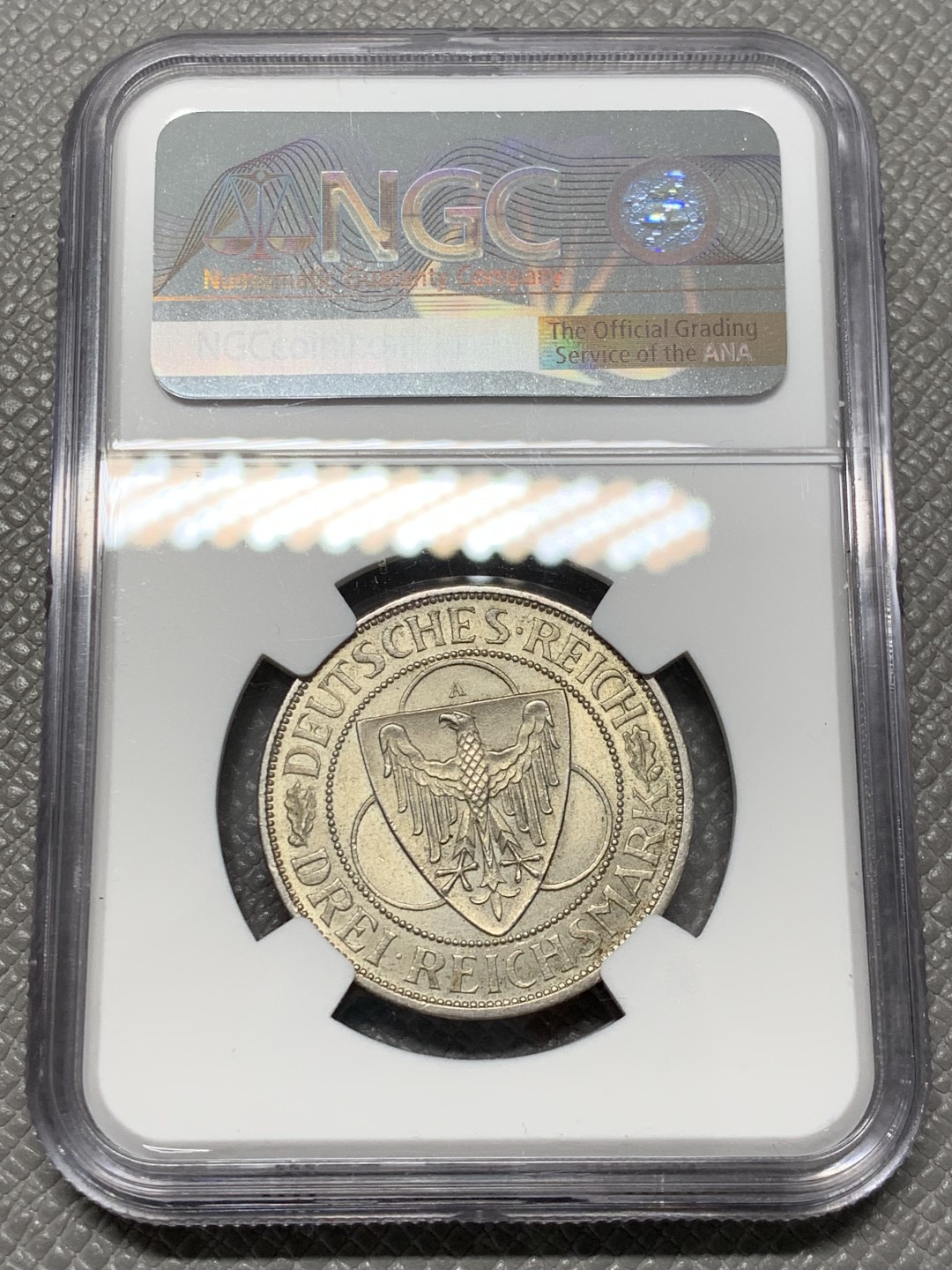 《竞宝斋》第141场-周日，周一 2场 (全场包邮) NGC-MS62 魏玛德国1930年莱茵解放 鹰桥3马克纪念银币