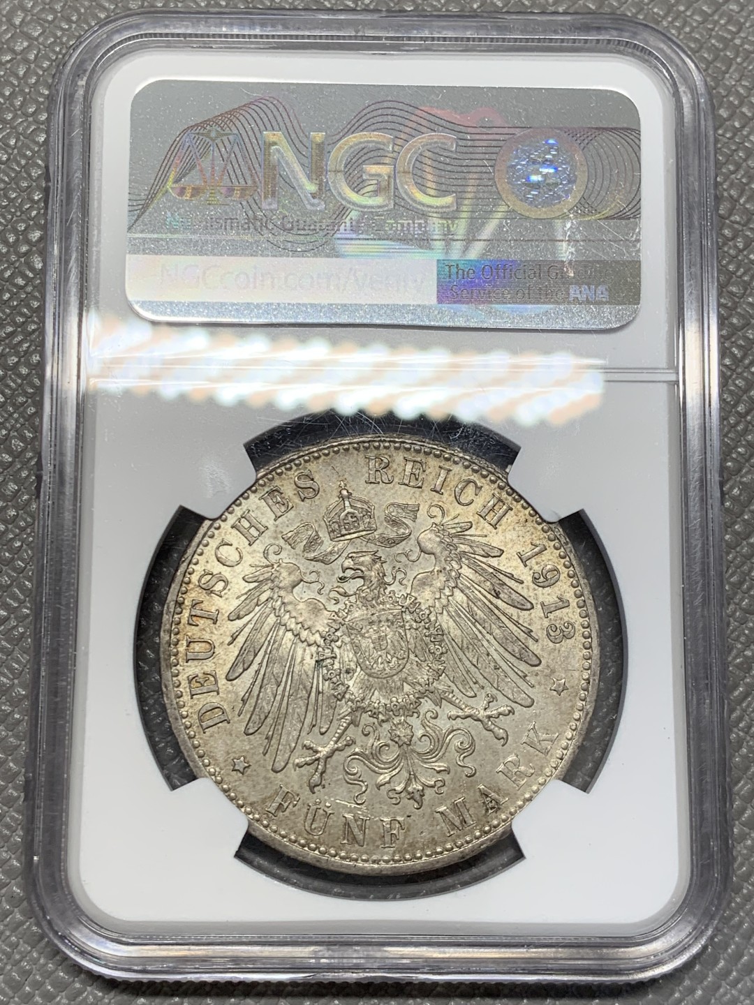 《竞宝斋》第141场-周日，周一 2场 (全场包邮) NGC MS-62 德国巴伐利亚 1913年 奥托流通版5马克 少见好品 严评