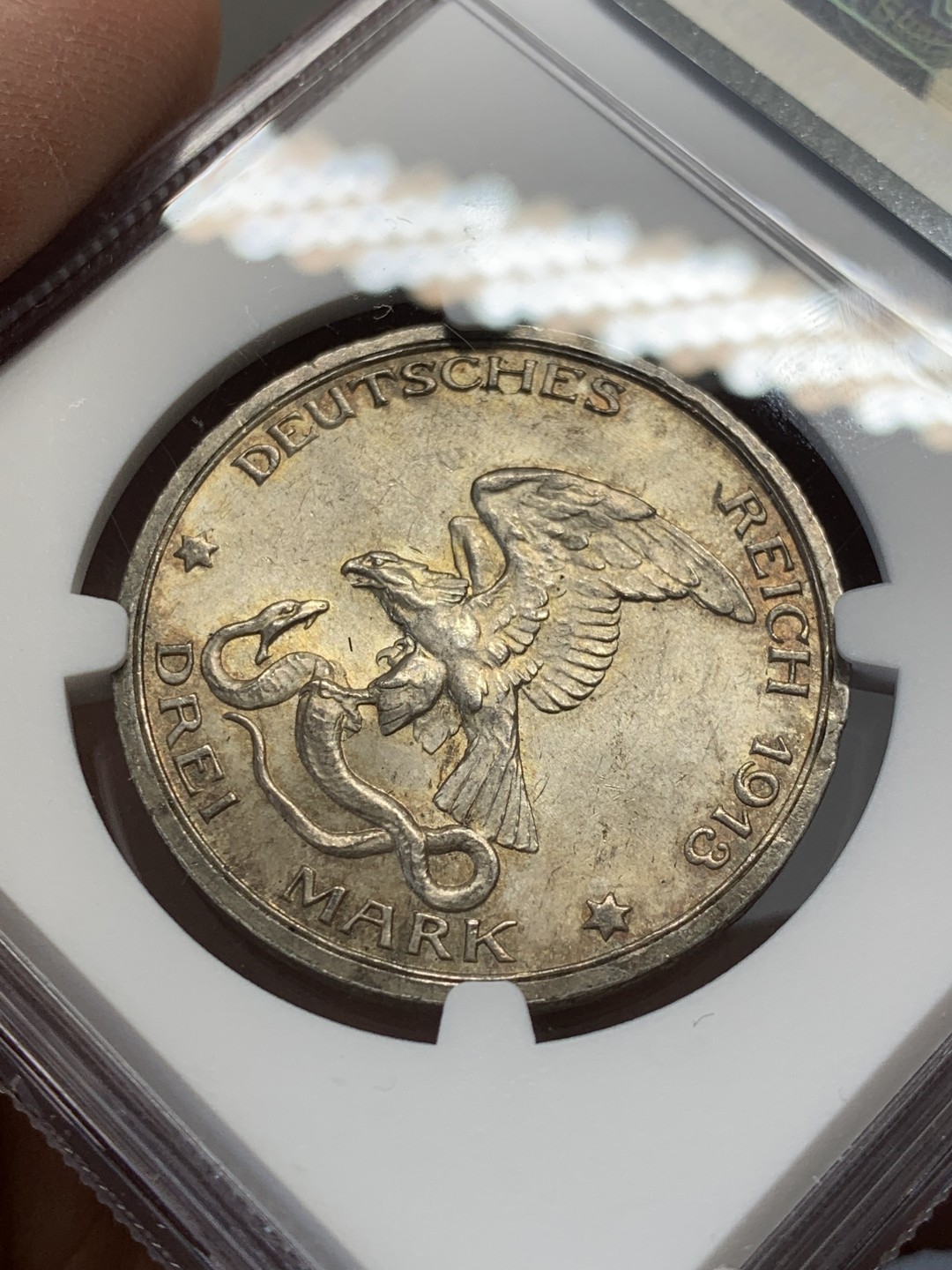 《竞宝斋》第141场-周日，周一 2场 (全场包邮) NGC-MS63 德国普鲁士1913年击败拿破仑纪念3马克银币