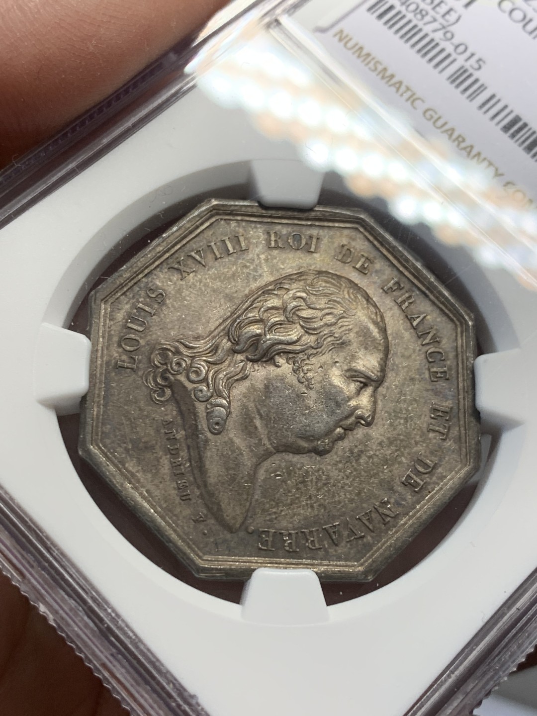 《竞宝斋》第141场-周日，周一 2场 (全场包邮) NGC-MS61 法国路易十八 皇家理事会 八角代币JETON 银制 顶级包浆和品相