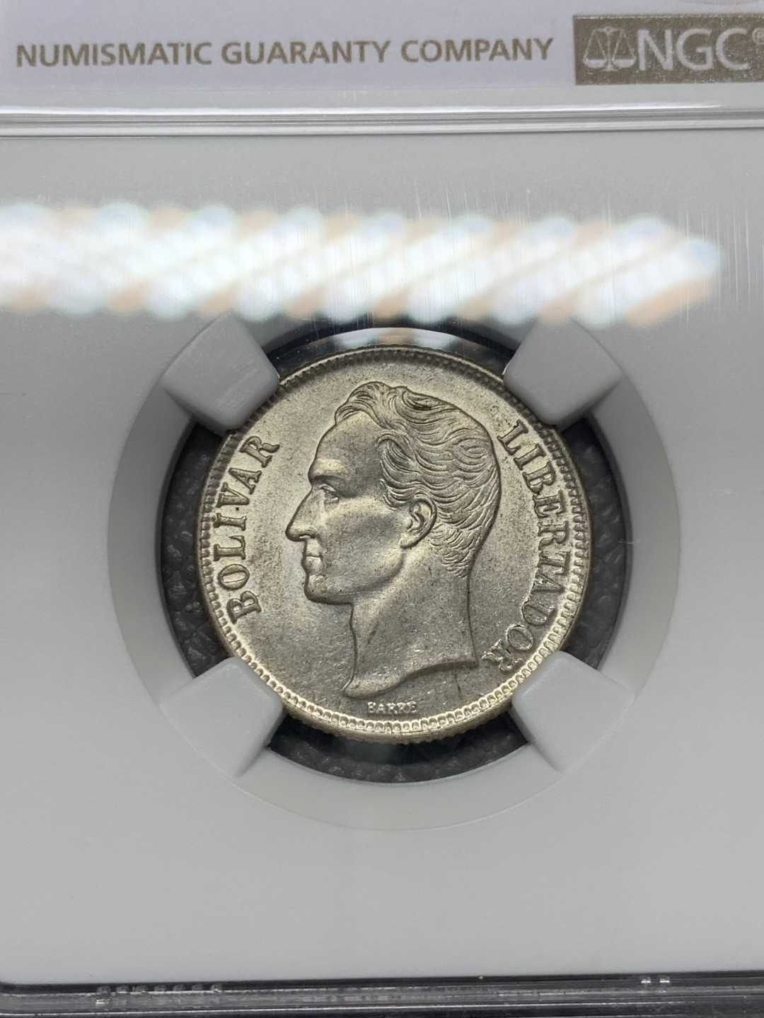 《竞宝斋》第141场-周日，周一 2场 (全场包邮) NGC-MS63 委内瑞拉1954年 1波利瓦银币 原光好品 顶级品相