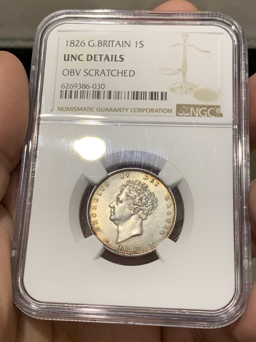 《竞宝斋》第141场-周日，周一 2场 (全场包邮) NGC UNC 英国 1826年 乔治四世先令银币 未见明显缺陷 品相细节很好