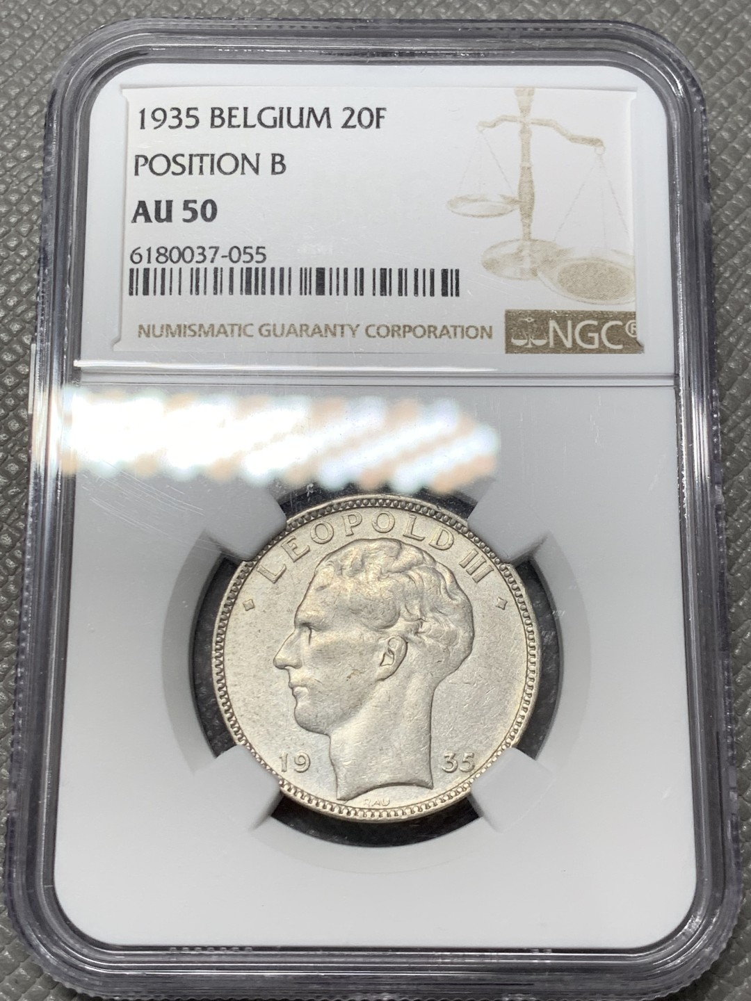 《竞宝斋》第141场-周日，周一 2场 (全场包邮) NGC AU50 1935比利时20法郎 银币 少见品种