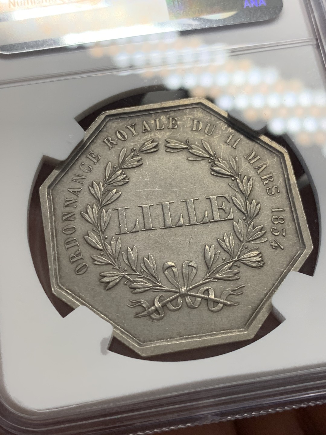 《竞宝斋》第141场-周日，周一 2场 (全场包邮) NGC MS61 法国 1834 里尔储蓄银行八角银质代币